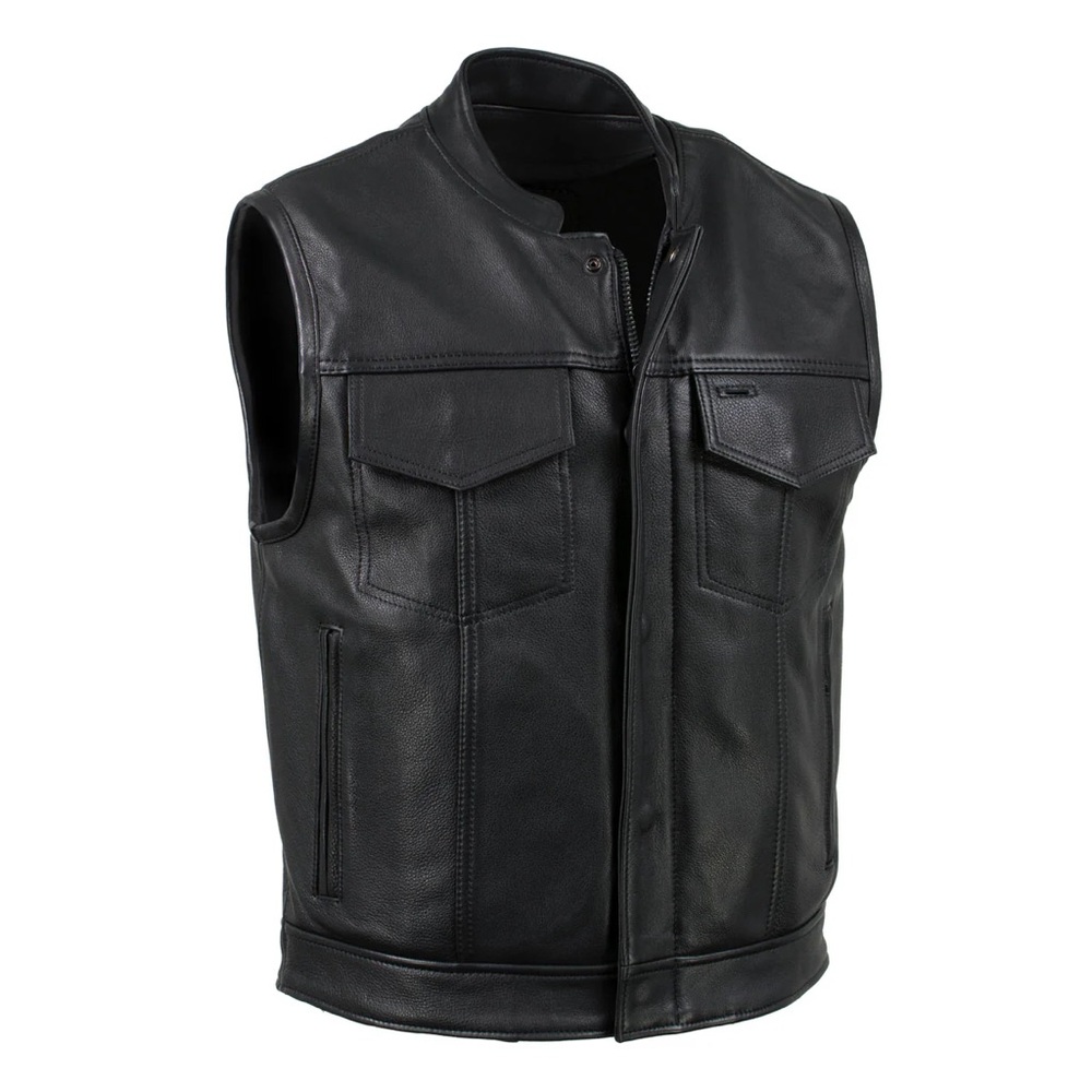 Men's 100% Genuine Leather Motorcycle Vest, Black